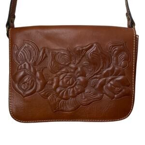 Patricia Nash Brown Italian Leather Embossed Floral Crossbody Bag